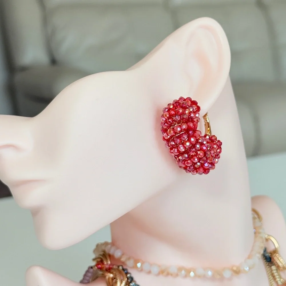 Trendy Red Beaded Hoop Earrings - Women Jewelry
